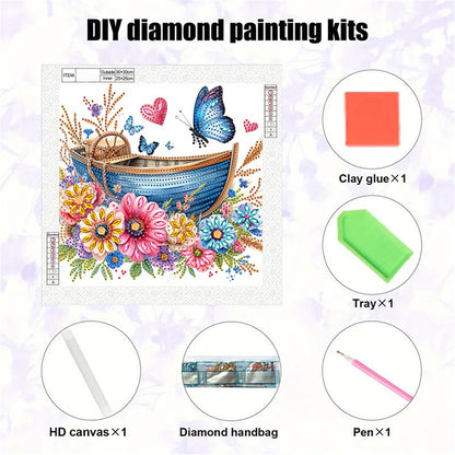 Blooming Flower Boat Butterfly - Special Shaped Drill Diamond Painting 30*30CM