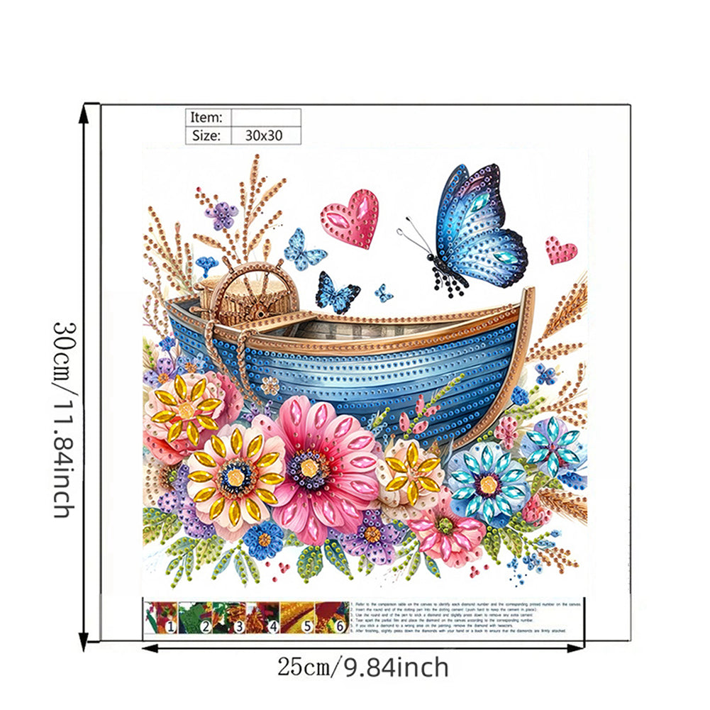 Blooming Flower Boat Butterfly - Special Shaped Drill Diamond Painting 30*30CM