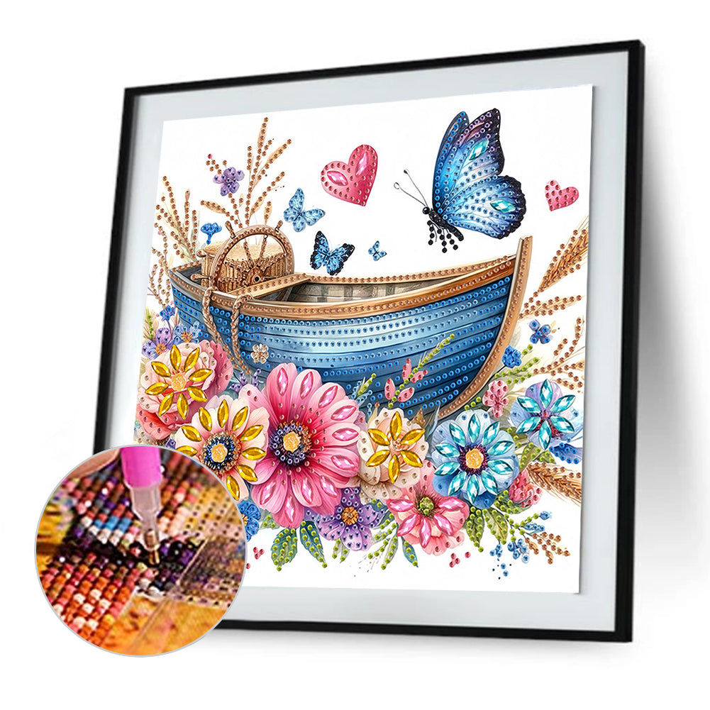 Blooming Flower Boat Butterfly - Special Shaped Drill Diamond Painting 30*30CM