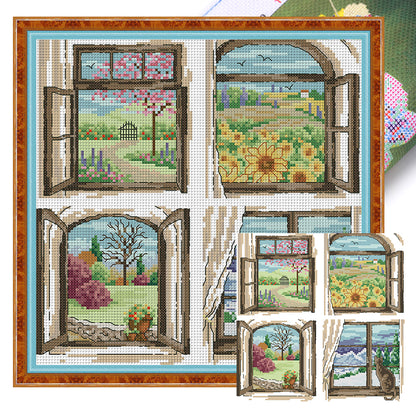 Four Seasons Window - 14CT Stamped Cross Stitch 30*30CM(Joy Sunday)