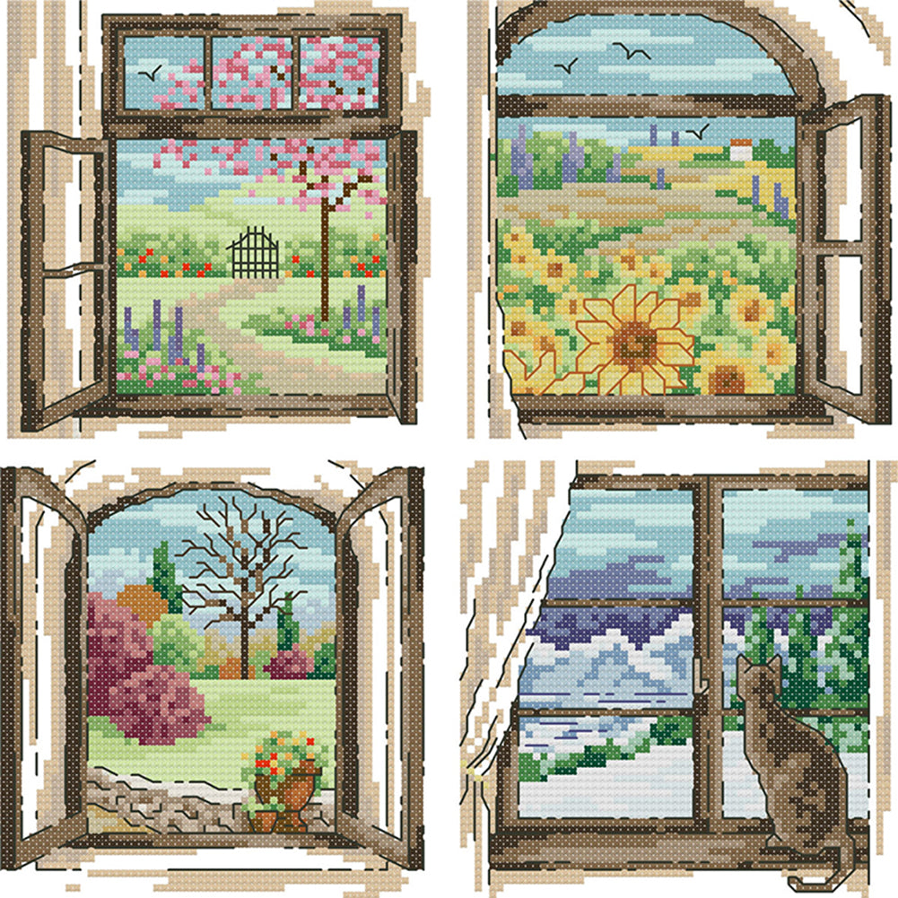 Four Seasons Window - 14CT Stamped Cross Stitch 30*30CM(Joy Sunday)