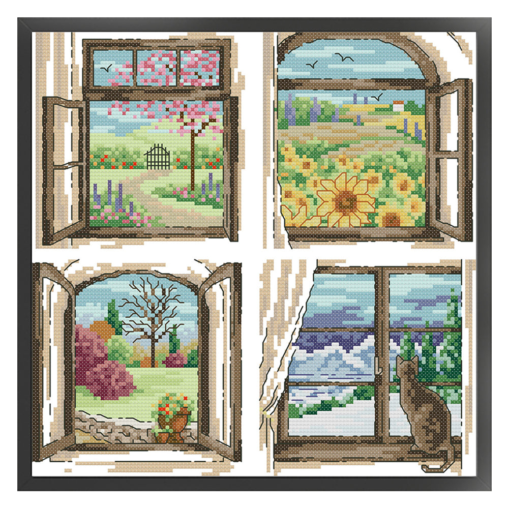 Four Seasons Window - 14CT Stamped Cross Stitch 30*30CM(Joy Sunday)