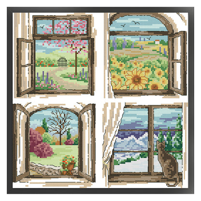 Four Seasons Window - 14CT Stamped Cross Stitch 30*30CM(Joy Sunday)