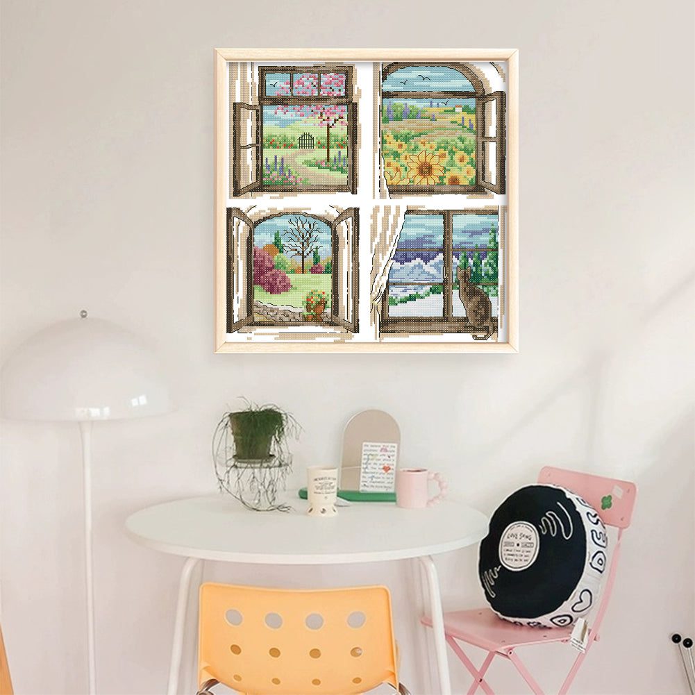 Four Seasons Window - 14CT Stamped Cross Stitch 30*30CM(Joy Sunday)