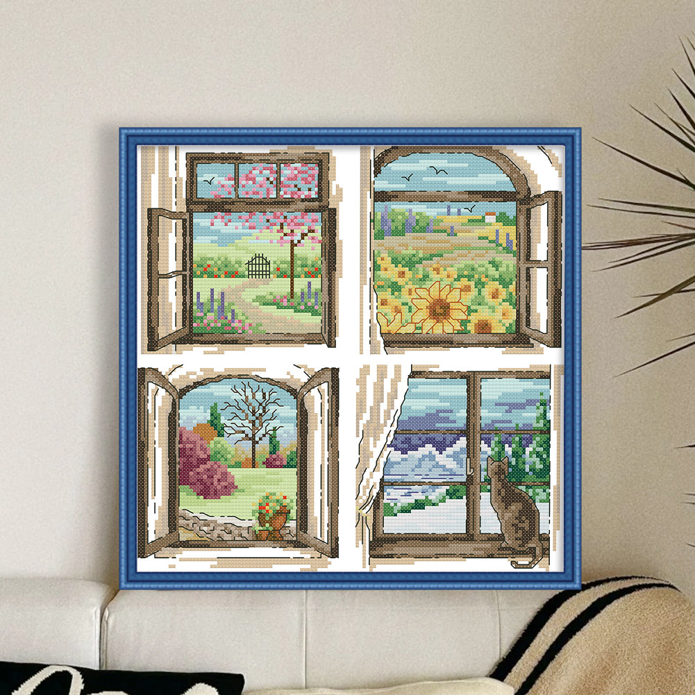 Four Seasons Window - 14CT Stamped Cross Stitch 30*30CM(Joy Sunday)