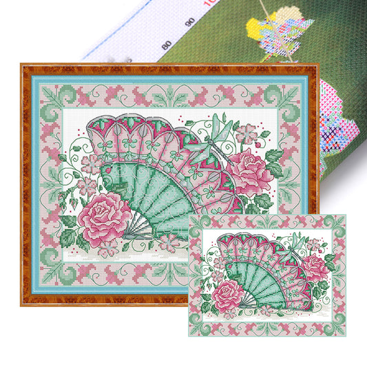 Oriental Rose Fan - 14CT Stamped Cross Stitch 36*29CM(Joy Sunday)