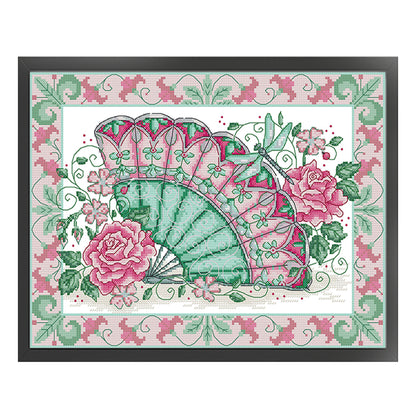 Oriental Rose Fan - 14CT Stamped Cross Stitch 36*29CM(Joy Sunday)