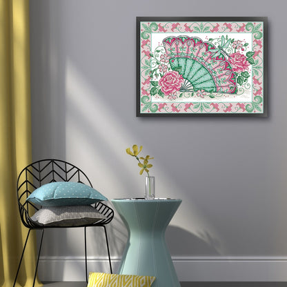 Oriental Rose Fan - 14CT Stamped Cross Stitch 36*29CM(Joy Sunday)