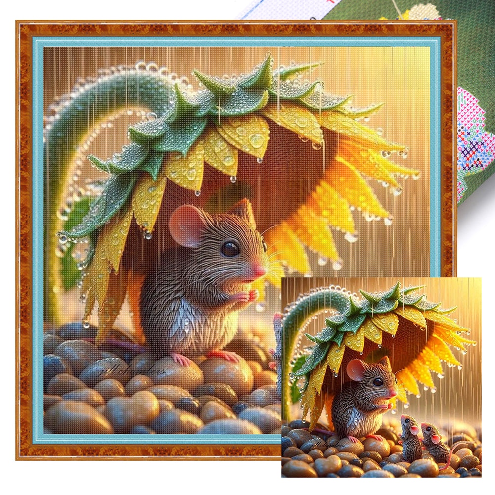 Mouse And Sunflowers - 11CT Stamped Cross Stitch 40*40CM