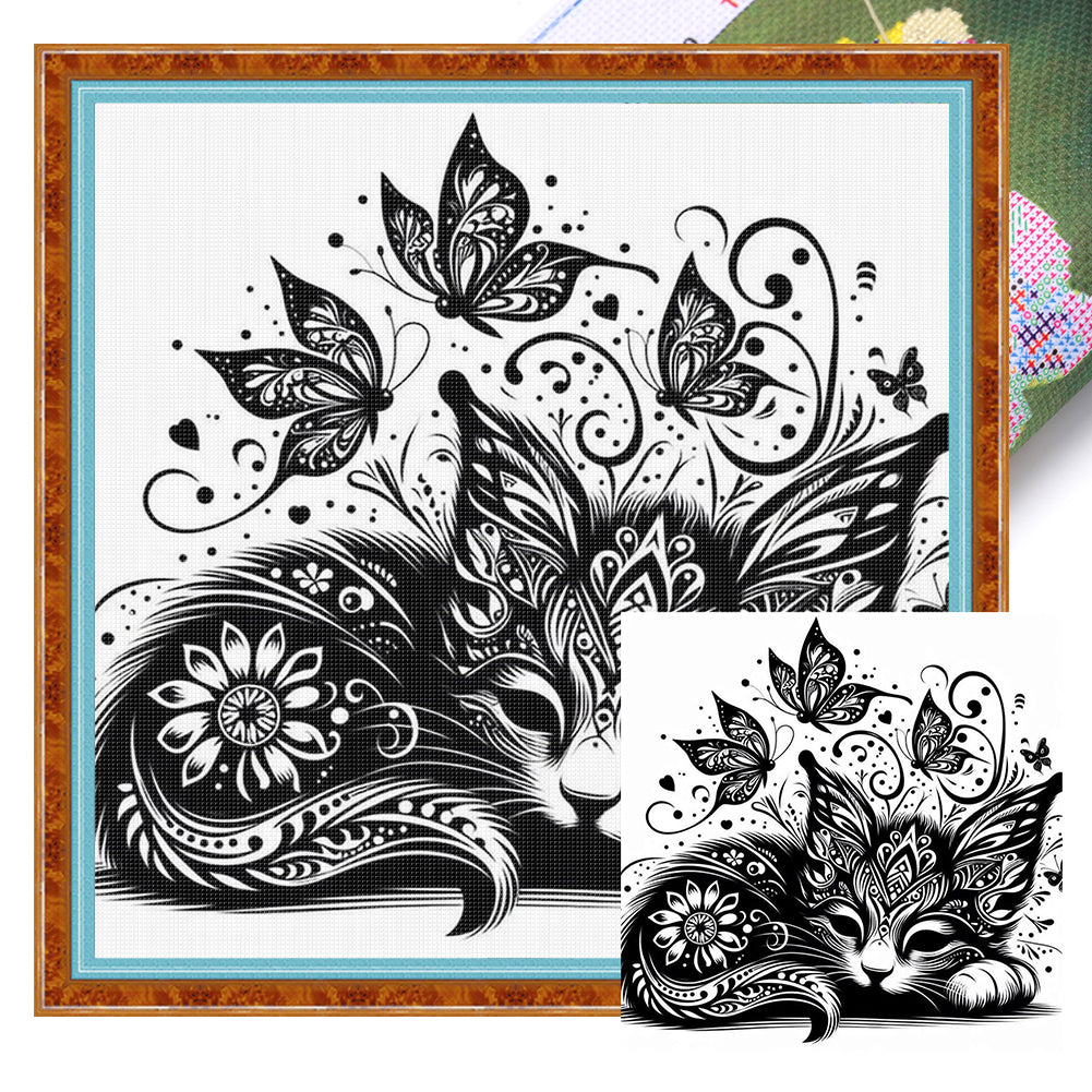 Cut Shadow-Cat And Butterfly - 11CT Stamped Cross Stitch 40*40CM