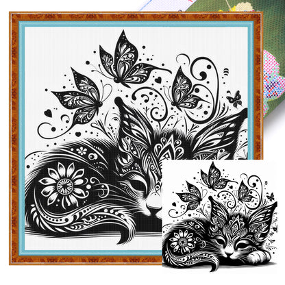 Cut Shadow-Cat And Butterfly - 11CT Stamped Cross Stitch 40*40CM