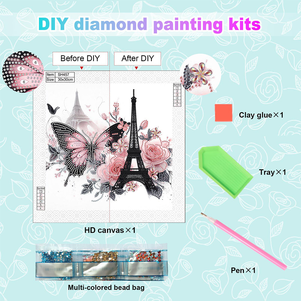 Eiffel Tower Butterfly - Special Shaped Drill Diamond Painting 30*30CM