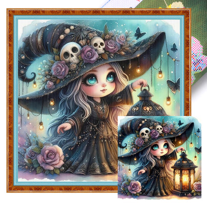 Cute Witch With Lantern - 11CT Stamped Cross Stitch 45*45CM