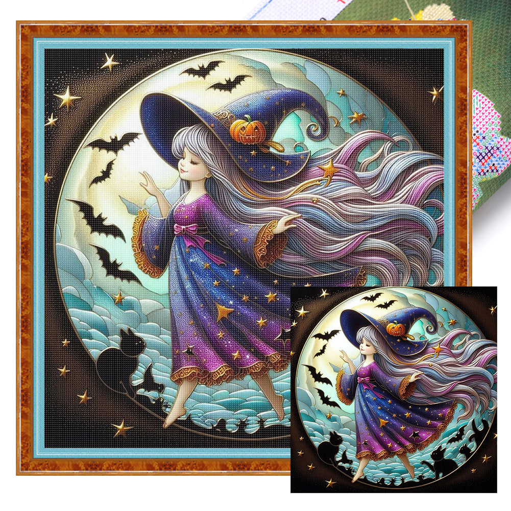 Cute Witch And Black Cat - 11CT Stamped Cross Stitch 45*45CM