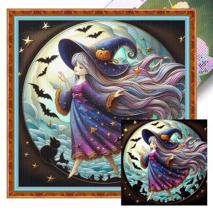 Cute Witch And Black Cat - 11CT Stamped Cross Stitch 45*45CM