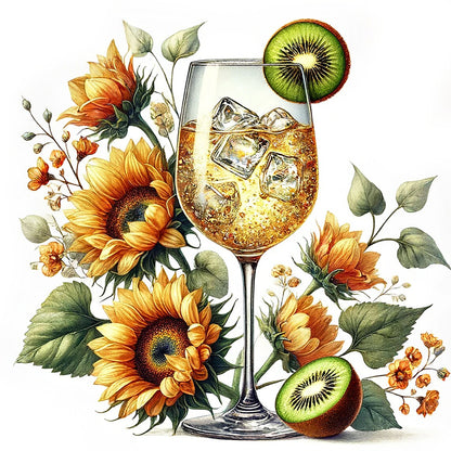 Wine Glass And Sunflower - Full Round Drill Diamond Painting 30*30CM