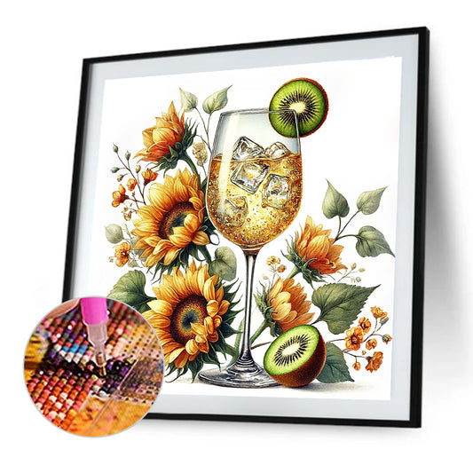 Wine Glass And Sunflower - Full Round Drill Diamond Painting 30*30CM