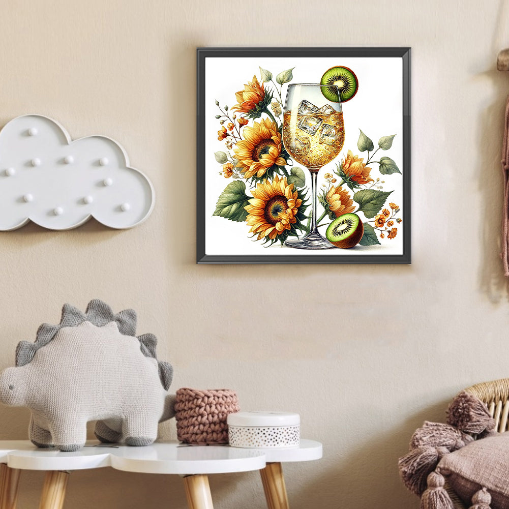 Wine Glass And Sunflower - Full Round Drill Diamond Painting 30*30CM