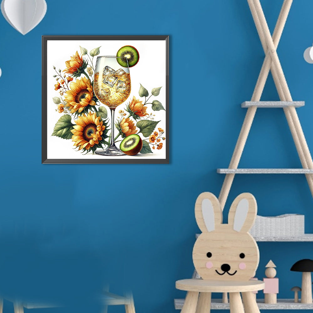 Wine Glass And Sunflower - Full Round Drill Diamond Painting 30*30CM