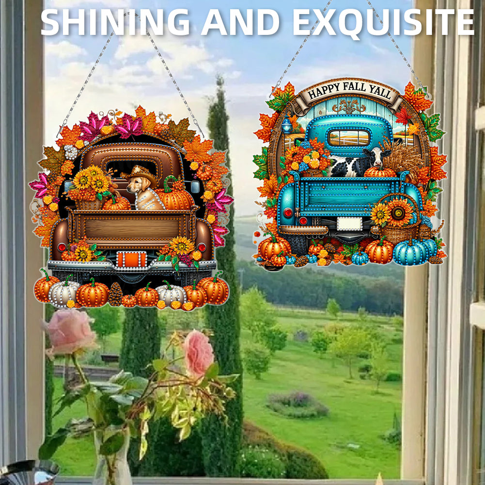 2PCS Pumpkin Car Theme 2D/Flat DIY Diamond Painting Set Hanging Diamond Art Kits