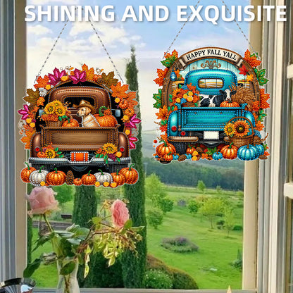 2PCS Pumpkin Car Theme 2D/Flat DIY Diamond Painting Set Hanging Diamond Art Kits