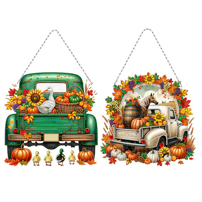 2PCS Pumpkin Car Theme 2D/Flat DIY Diamond Painting Set Hanging Diamond Art Kits