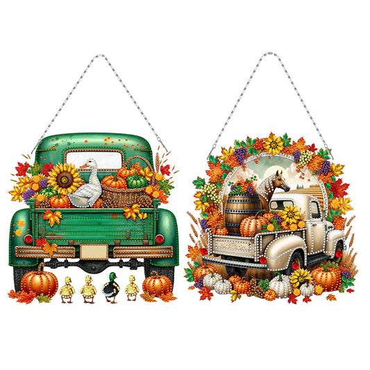 2PCS Pumpkin Car Theme 2D/Flat DIY Diamond Painting Set Hanging Diamond Art Kits
