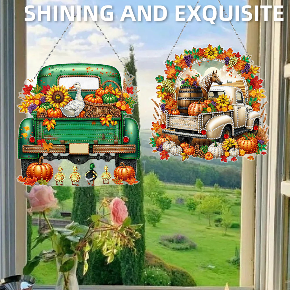 2PCS Pumpkin Car Theme 2D/Flat DIY Diamond Painting Set Hanging Diamond Art Kits