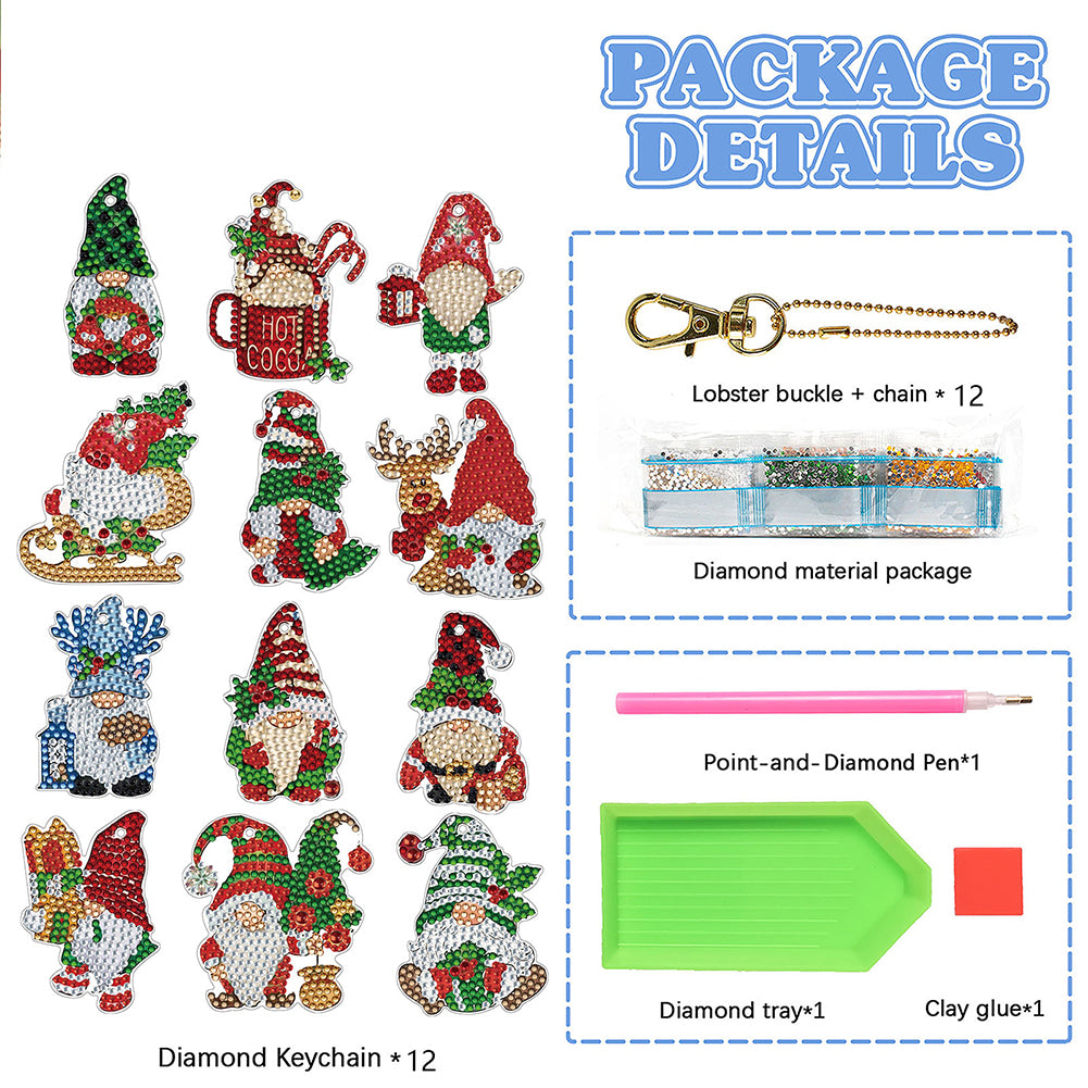 12pcs Christmas Diamond Painting Keychains Kit DIY Diamond Art Charms for Adults