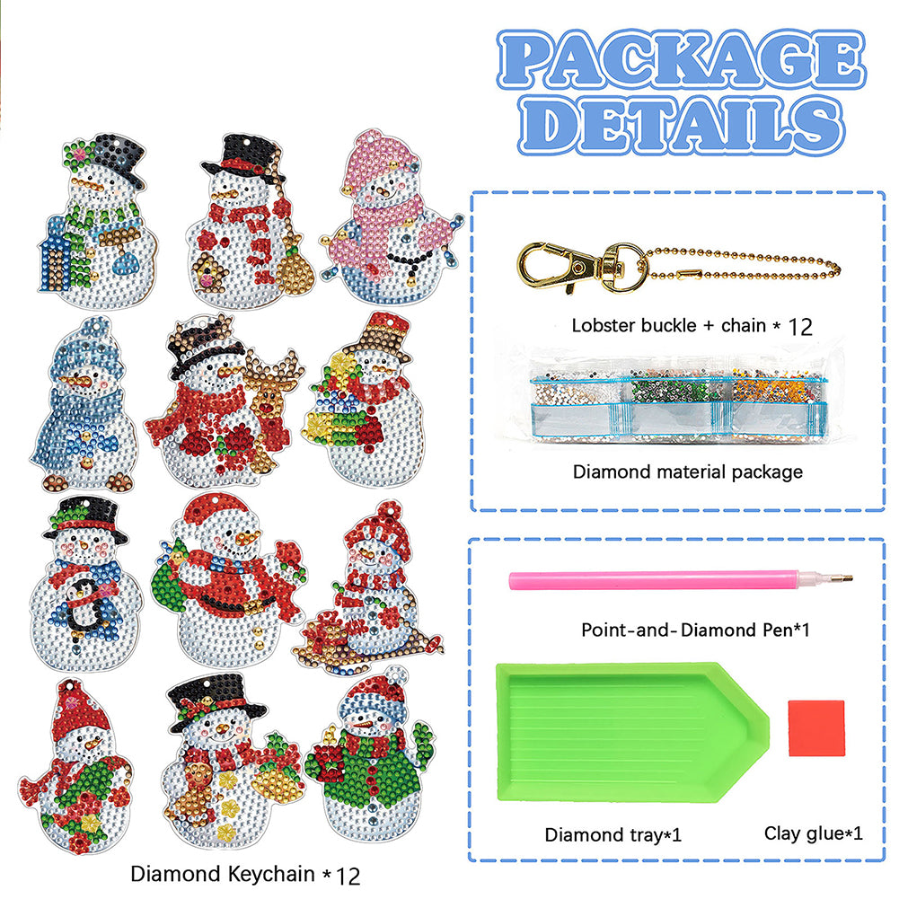 12pcs Christmas Diamond Painting Keychains Kit DIY Diamond Art Charms for Adults