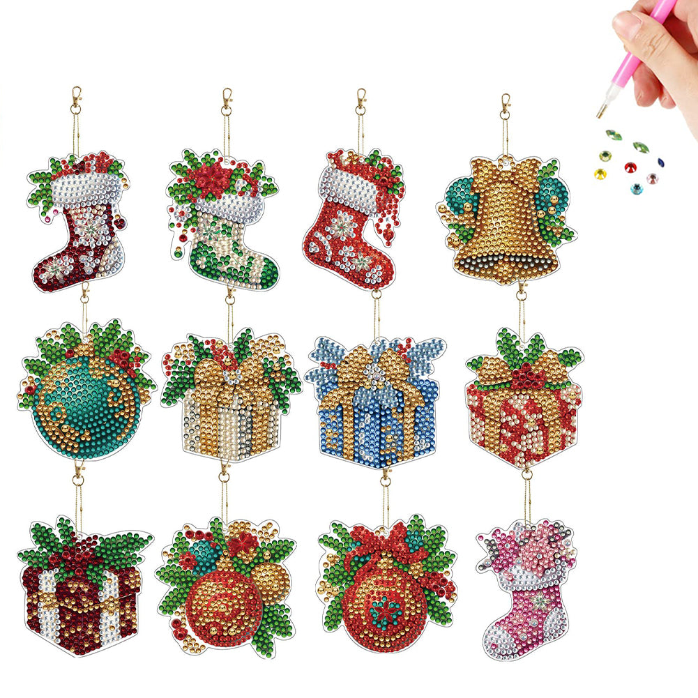 12pcs Christmas Diamond Painting Keychains Kit DIY Diamond Art Charms for Adults