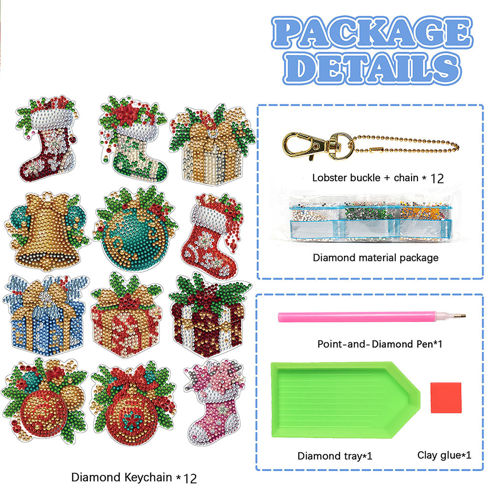 12pcs Christmas Diamond Painting Keychains Kit DIY Diamond Art Charms for Adults