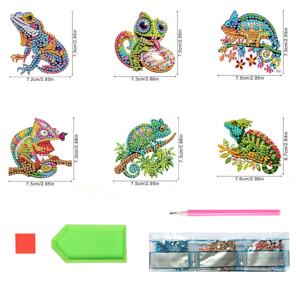 6Pcs Acrylic 2D Flat Chameleon Diamond Art Magnets Decals for Fridge Whiteboards