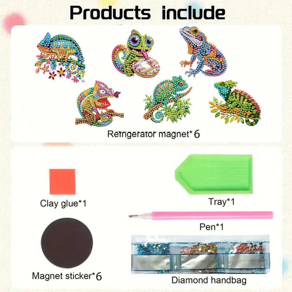 6Pcs Acrylic 2D Flat Chameleon Diamond Art Magnets Decals for Fridge Whiteboards