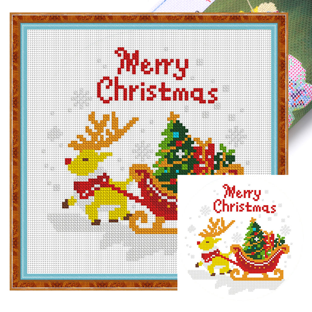 Christmas Elk Gift - 11CT Stamped Cross Stitch 24*24CM(Mona Lisa Brand)