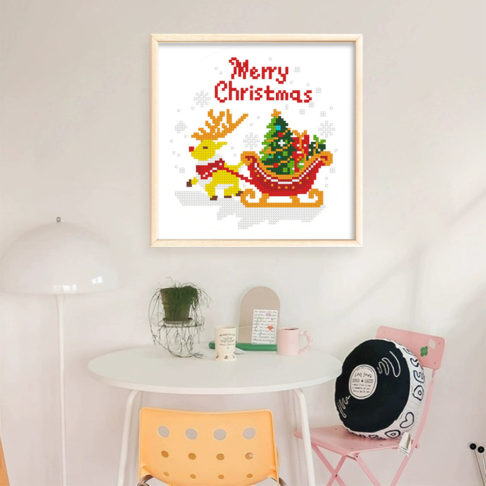Christmas Elk Gift - 11CT Stamped Cross Stitch 24*24CM(Mona Lisa Brand)