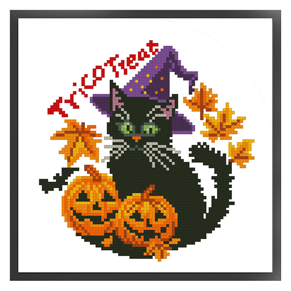 Halloween Pumpkin Black Cat - 11CT Stamped Cross Stitch 24*24CM(Mona Lisa Brand)