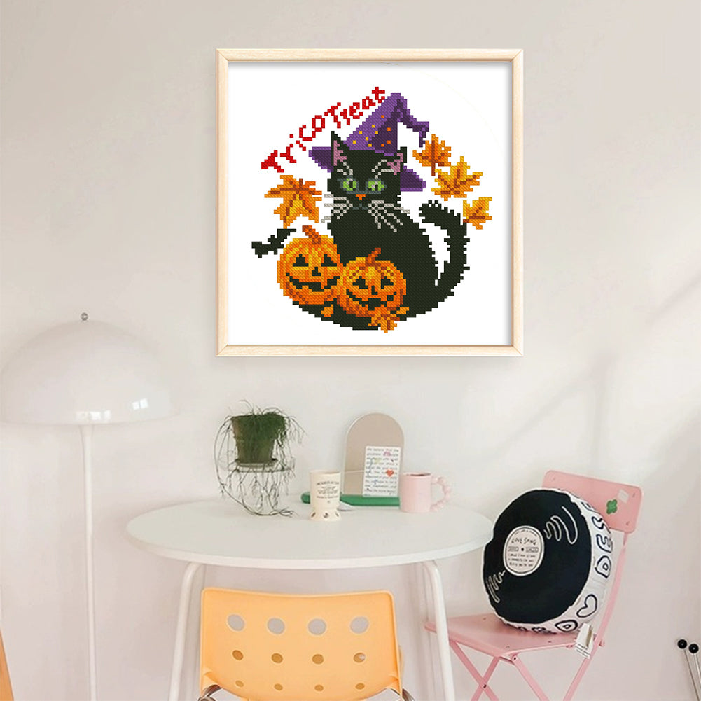 Halloween Pumpkin Black Cat - 11CT Stamped Cross Stitch 24*24CM(Mona Lisa Brand)