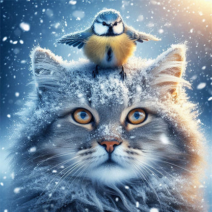 Winter Cat And Bird - 11CT Stamped Cross Stitch 40*40CM(Mona Lisa Brand)