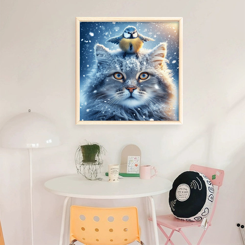 Winter Cat And Bird - 11CT Stamped Cross Stitch 40*40CM(Mona Lisa Brand)