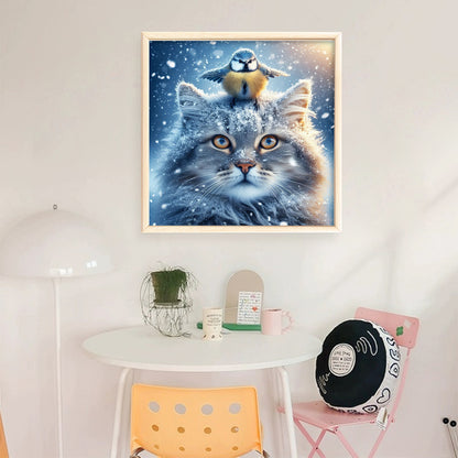 Winter Cat And Bird - 11CT Stamped Cross Stitch 40*40CM(Mona Lisa Brand)