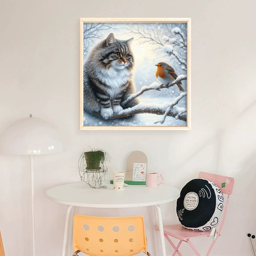 Winter Cat And Bird - 11CT Stamped Cross Stitch 40*40CM(Mona Lisa Brand)