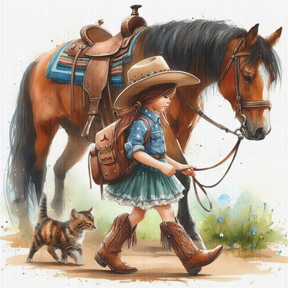 Girl And Horse - 11CT Stamped Cross Stitch 40*40CM