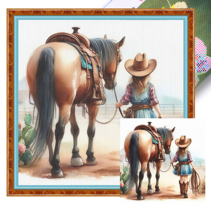 Girl And Horse - 11CT Stamped Cross Stitch 40*40CM