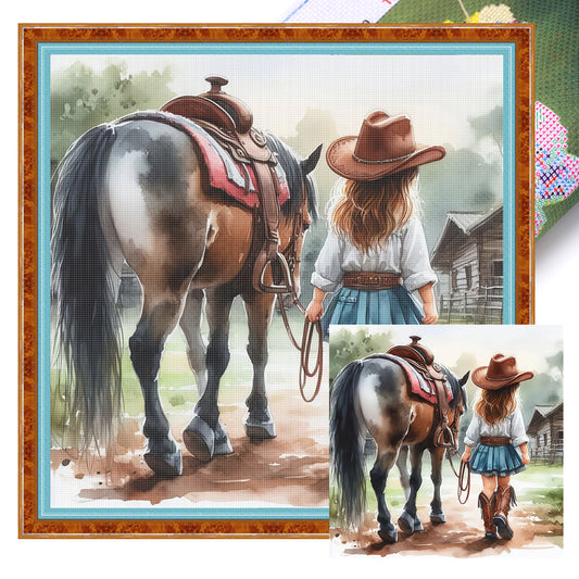 Girl And Horse - 11CT Stamped Cross Stitch 40*40CM