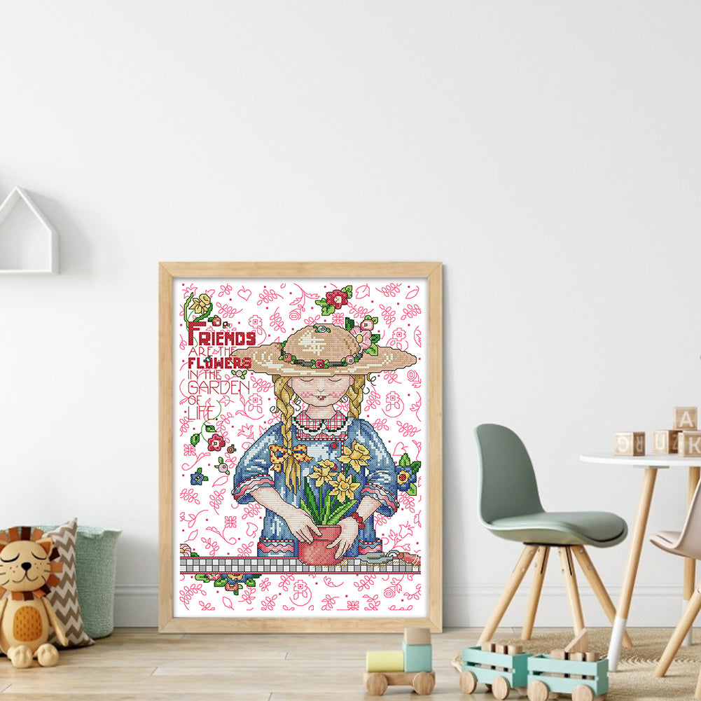 Growing Flowers Girl - 14CT Stamped Cross Stitch 29*36CM(Joy Sunday)