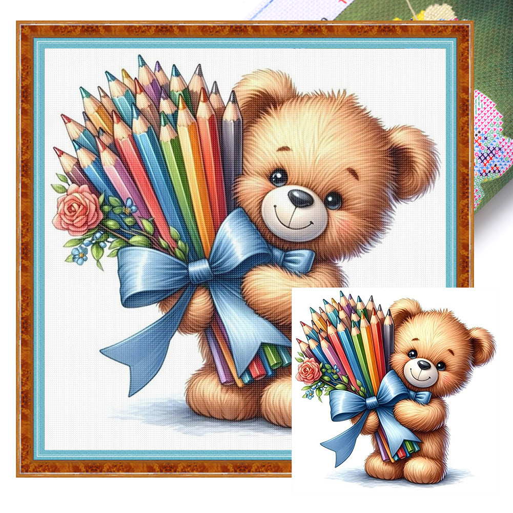 Bear With Flowers - Stamped Cross Stitch 20*20CM