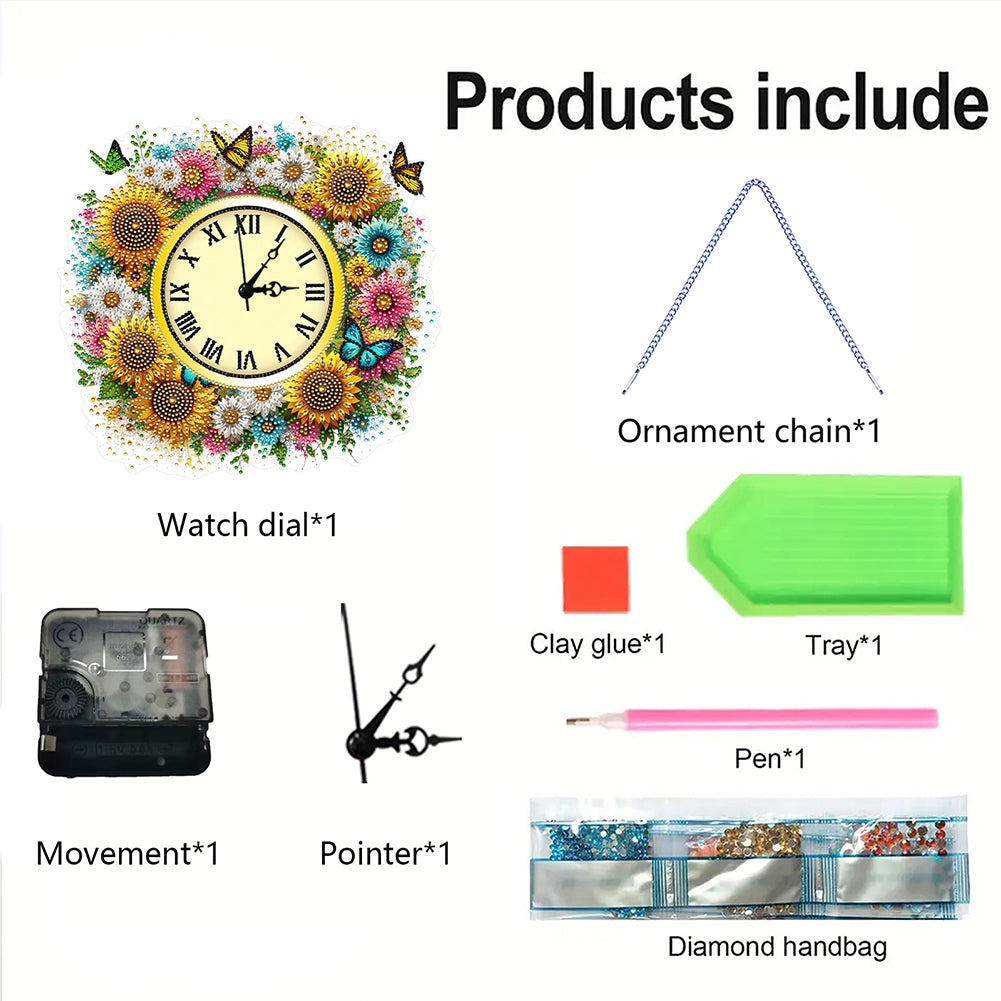 2D Flat DIY Sunflower Diamond Painting Clock Pendant 5D Hanging Clock Art Craft