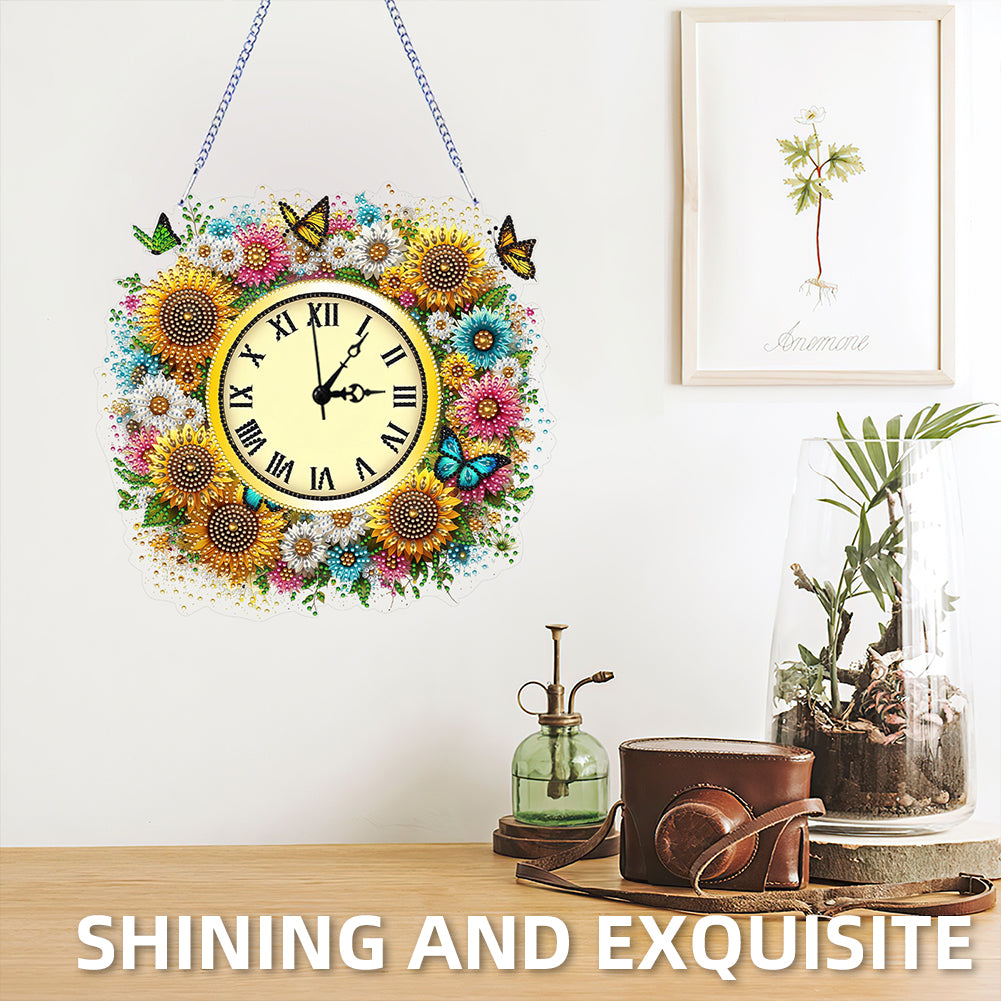 2D Flat DIY Sunflower Diamond Painting Clock Pendant 5D Hanging Clock Art Craft