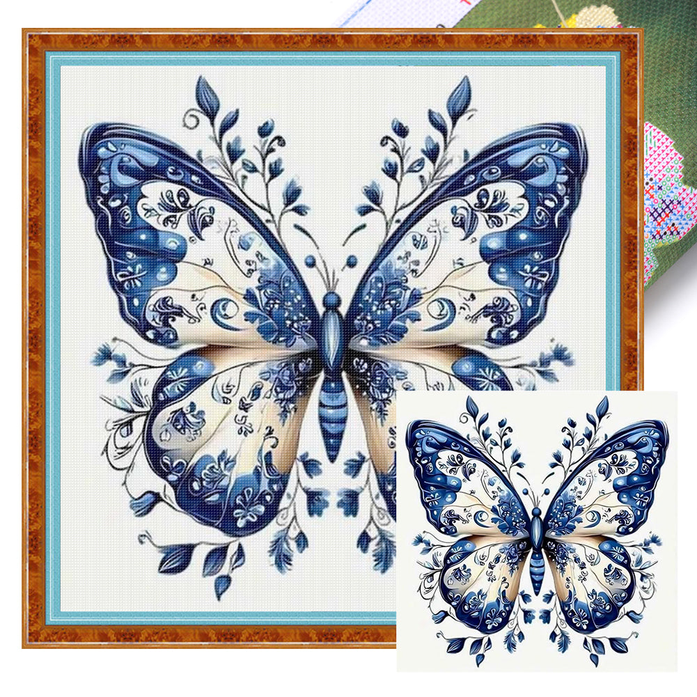 Blue And White Butterfly - 11CT Stamped Cross Stitch 50*50CM